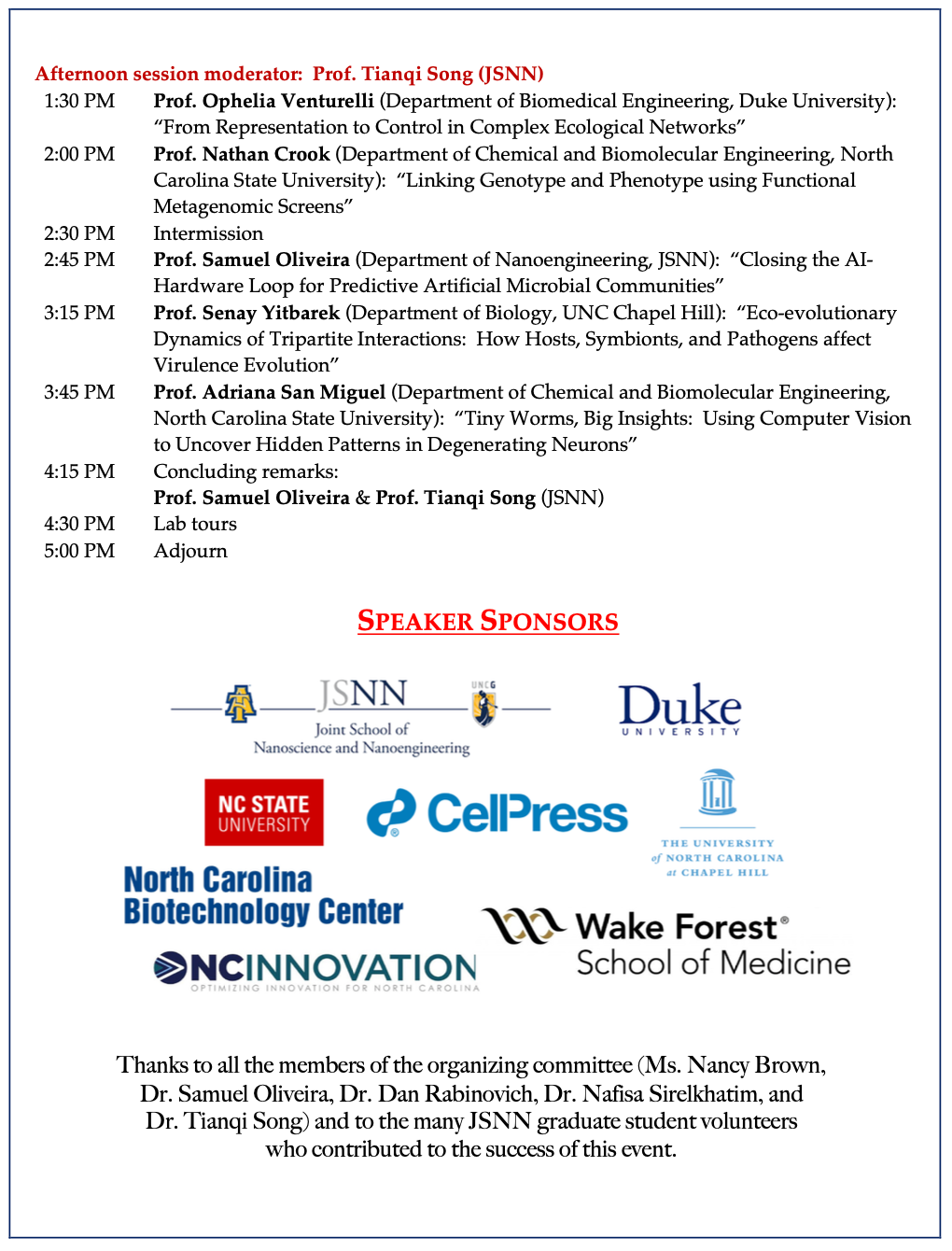 NanoImpacts 2026 afternoon program, speaker sponsors, and organizing committee.