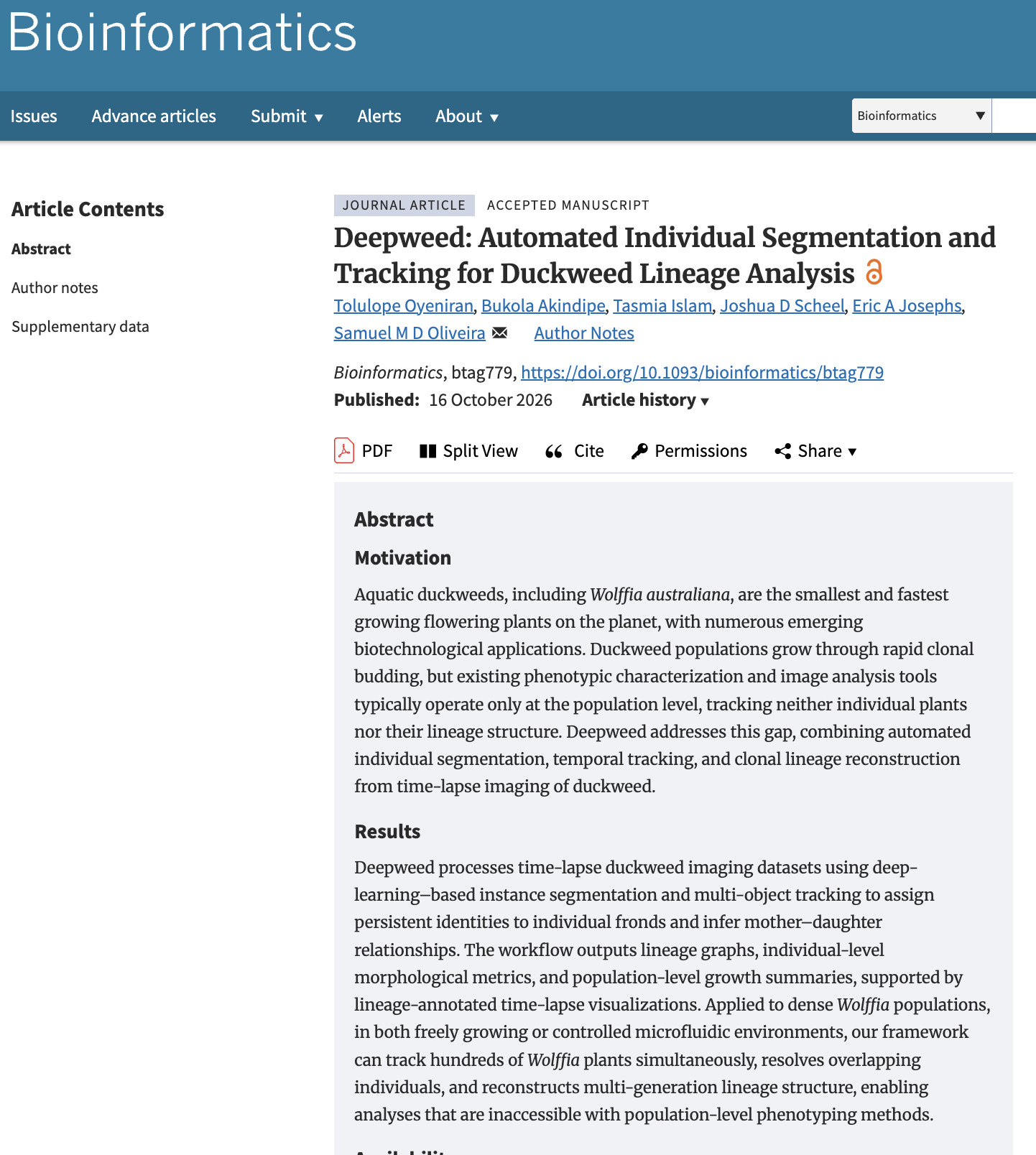 Oliveira Lab Publishes Deepweed: A Framework for Automated Individual Segmentation and Lineage Tracking of Duckweed